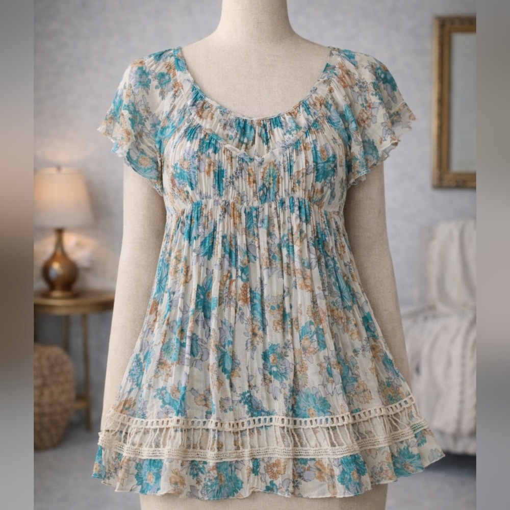 FP One by Free People Flowy FLORAL BOHO Top with Crochet Detail